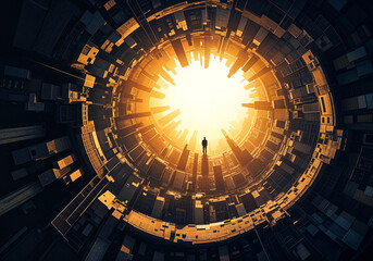 Poster - silhouette of a man against a background of a labyrinth of buildings concept of the path to the light . Generative AI