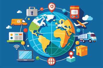 Poster - a vibrant illustration depicting global online commerce, showcasing shipping, devices, and locations