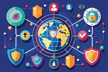 Aufkleber - Illustration of global network security with icons for protection and data management strategies, Global network security concept,