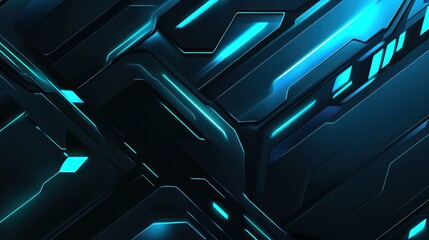 Poster - Abstract Futuristic Tech Background: Glowing Cyan Lines on Dark Metal Surface