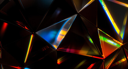 Poster - glass fragments with refraction of light on a dark background . Generative AI