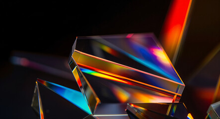 Poster - glass triangular fragments with refraction of light on a dark background . Generative AI