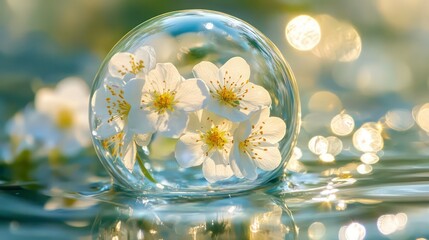 Poster - Delicate white flowers inside a transparent bubble on calm water, reflecting sunlight.