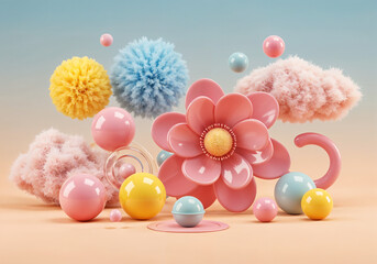 Poster - 3D Flowers and Geometric Shapes on Sand in Pastel Colors . Generative AI