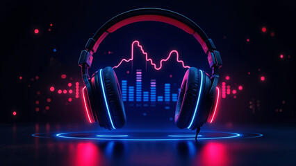 Poster - headphones against the background of the music spectrum . Generative AI