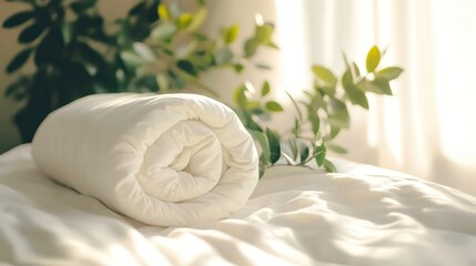 Poster - Rolled white bedding on a bed near a window with sunlight and green plants.