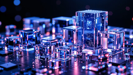 Poster - technological transparent square crystals on background of  circuit board lines . Generative AI . Generative AI