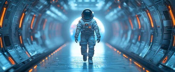 Poster - Astronaut walking in futuristic spaceship corridor.