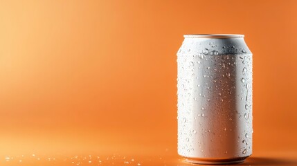 Aufkleber - Cold aluminum can with condensation on orange background.