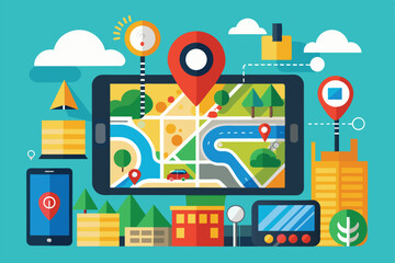 Poster - A customizable GPS navigator displays a colorful map with landmarks, vehicles, and navigation markers Gps navigator Customizable Flat Illustration