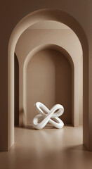 Poster - abstract gallery background with geometric shapes with volumetric abstract figure in center in color of the year mocha mousse . Generative AI