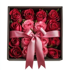 Wall Mural - Valentine roses passion concept. Beautiful rose arrangement in a gift box with a ribbon.