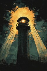 Canvas Print - Lighthouse shines, dark sky, barbed wire fence.