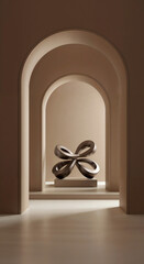 Poster - abstract gallery background with geometric shapes with volumetric abstract figure in center in color of the year mocha mousse . Generative AI