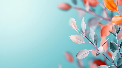 Wall Mural - Soft watercolor idea. Vibrant leaves gently sway against a soothing blue background, evoking tranquility.