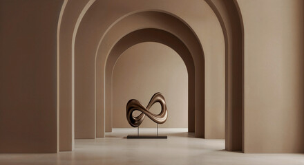 Poster - abstract gallery background with geometric shapes with volumetric abstract figure in center in color of the year mocha mousse . Generative AI