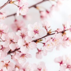 Wall Mural - Cherry blossom minimal, Delicate pink cherry blossoms on a branch against a light background