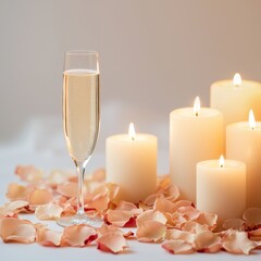 Wall Mural - Celebration candlelight love concept. Elegant champagne glass beside candles and rose petals.