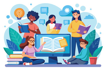 Poster - Friends are gathered around a computer, reading books and engaging in online learning activities Group of people reading a book and studying online on computer screen