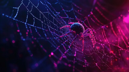 Intricate spider web glows as a vibrant spider rests against a dramatic dark background