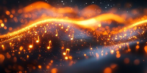 Poster - Fiery Musical Waves: Glowing Notes in an Abstract Composition