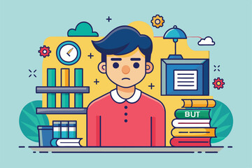Poster - A person appears worried at a desk filled with books, clock, and other study items in a bright setting Guilty Customizable Flat Illustration