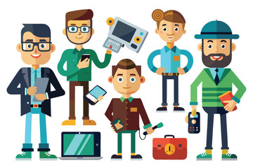 Aufkleber - Cartoon characters interact with multiple devices, showcasing technology in a colorful, engaging environment Guys with devices, Cartoon flat vector collection isolated on white background