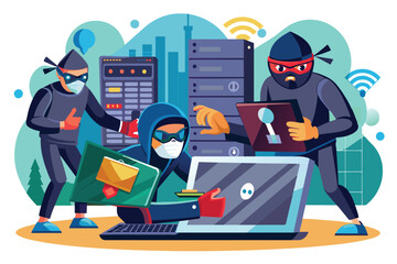 Aufkleber - a group of hackers executes a data breach, working on laptops and servers in a digital environment h