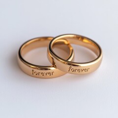love forever concept. two gold wedding rings engraved with the word 