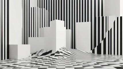 Poster - Abstract 3D rendering of black and white striped walls, checkered floor, and white geometric shapes.