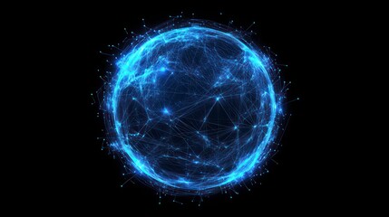 Leinwandbilder - Glowing blue sphere with interconnected lines and nodes on a black background, representing global network or digital connection.