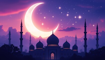 Majestic Mosque at Night Under a Crescent Moon