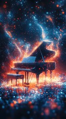 Wall Mural - grand piano in fiery stardust: a dramatic digital painting