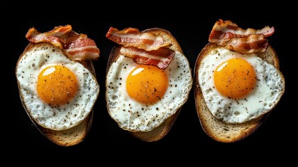 Poster - Three fried eggs with bacon on toasted bread, overhead shot.