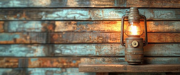 Poster - Glowing vintage lantern on rustic wooden background.
