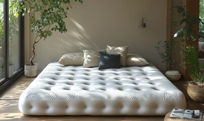 Wall Mural - Plush mattress, plants, sunlight, peaceful bedroom.