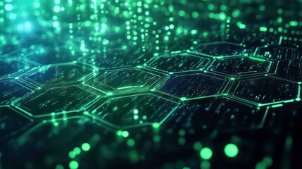 Fototapete - Abstract digital hexagon pattern with glowing green lines and data streams.