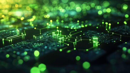 Poster - Abstract close-up of glowing green circuit board with intricate pathways and nodes.