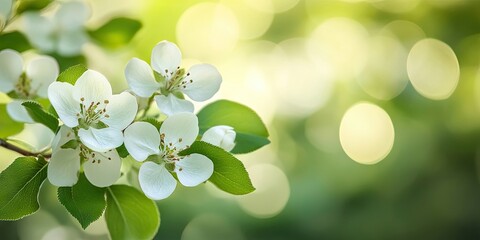 Wall Mural - Delicate white pear blossoms with green leaves on a blurred green background showcasing soft bokeh effect and ample copy space on the right.