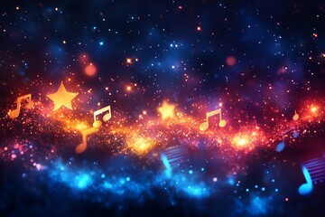 Wall Mural - celestial music: glowing notes and stars in a cosmic sparkle