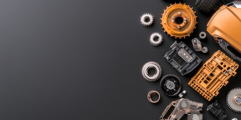 Aufkleber - ev car concept. Various mechanical components arranged on a dark surface, showcasing intricate designs and textures.