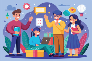 Poster - A group of four friends engage in a lively discussion surrounded by gifts and plants Hello in the new normal
