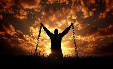 Silhouette of a man breaking chains with arms raised against a dramatic cloud sky at sunset, symbolizing freedom and emotional expression.