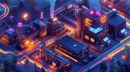 Poster - Isometric illustration of a futuristic industrial complex at night, glowing with vibrant neon lights.