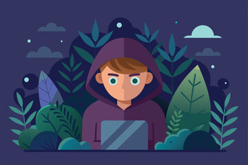 Poster - a person in a hoodie operates a laptop surrounded by vibrant plants under a night sky hidden person 