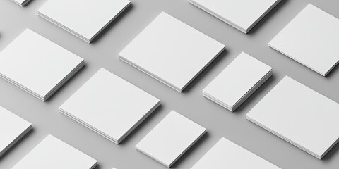 White square cards arranged in various sizes on a soft grey background ideal for branding identity templates for graphic design presentations.