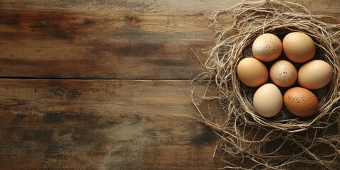 Nest of six brown and beige eggs arranged in natural twine on rustic wooden background with warm earthy tones and soft textures on the left.