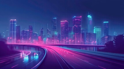 Poster - Neon-lit futuristic cityscape at night, highway curves through the foreground.