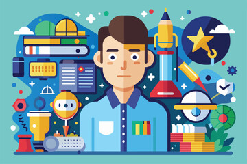 Poster - A student focuses on his science project amid colorful tools and educational decorations Hired Customizable Disproportionate Illustration