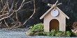 © Rasim - Wooden toy house on cement surface surrounded by green moss with a blank round tag for inscriptions rustic decor concept horizontal orientation